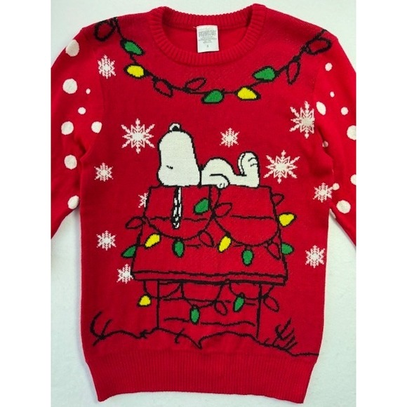 PEANUTS Snoopy Christmas Sweater Adult Sz SML Red Doghouse w/Lights Snowflakes - Picture 3 of 9